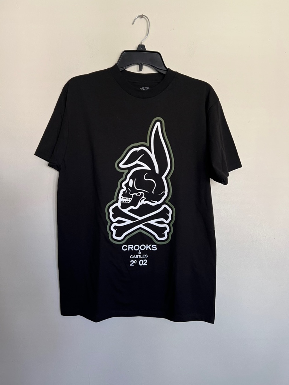 Crooks & Castles Black Tee with White & Olive Skull Graphic